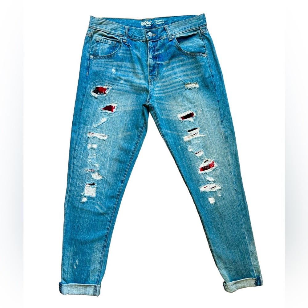 RIPPED PLAID PATCHED BOYFRIEND JEANS
